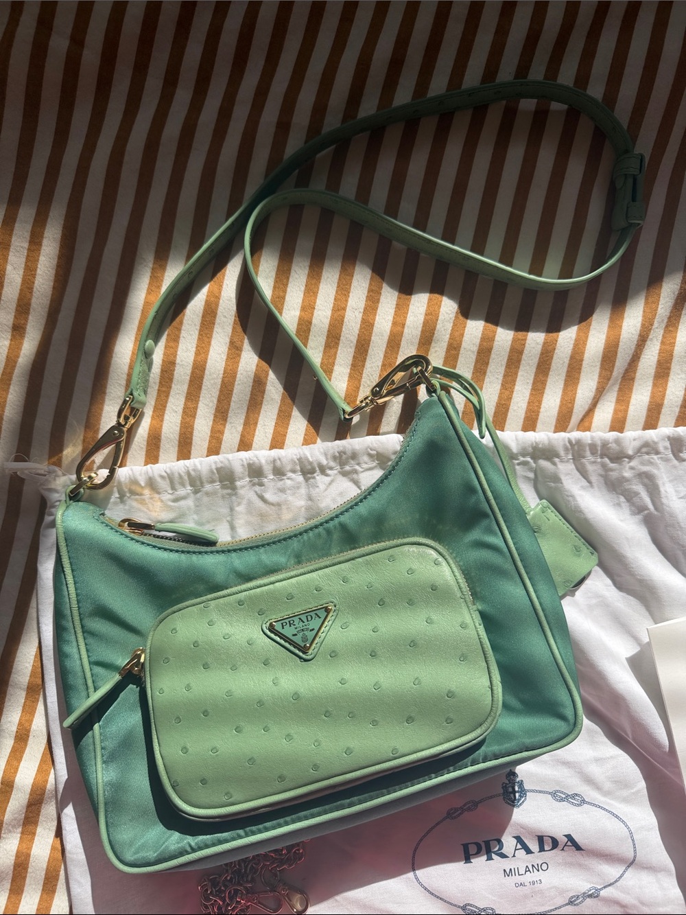 Limited Edition Prada Ostrich and nylon Green Re-Edition bag - Picture 2 of 11